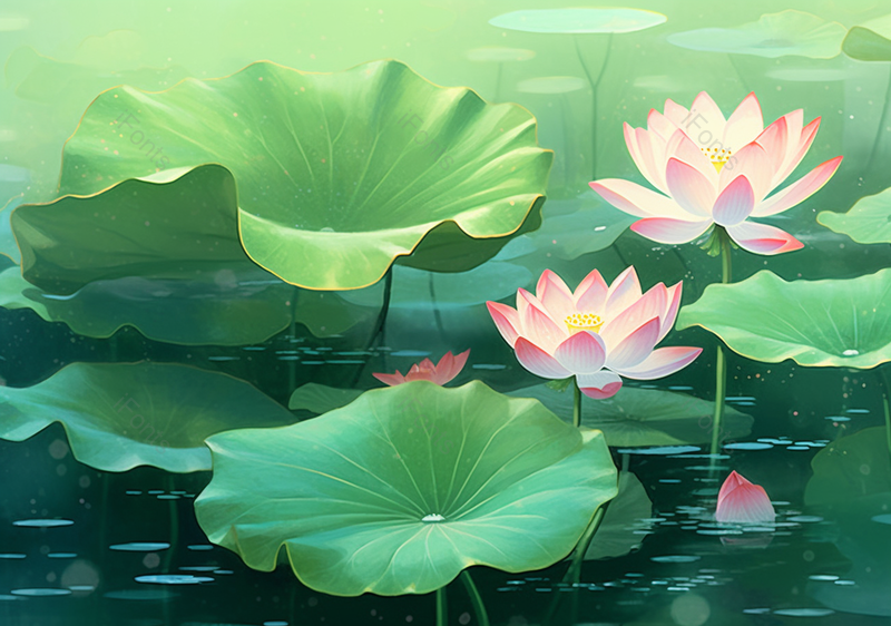 绿色大片荷叶映照莲花,插画/手绘图,插画/手绘图库,插画/手绘图下载,插画/手绘